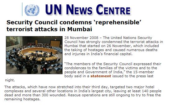 UN SecurityCouncil Condemns Terrorist Attacks in Mumbai
